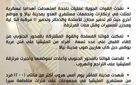 الجيش: تدمير مخازن للأسلحة و11 مركبة قتالية وهلاك المئات من المرتزقة بالفاشر