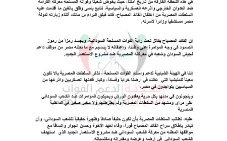 الهيئة الشبابية لدعم الجيش تطالب السلطات المصرية بإطلاق سراح المصباح فوراً