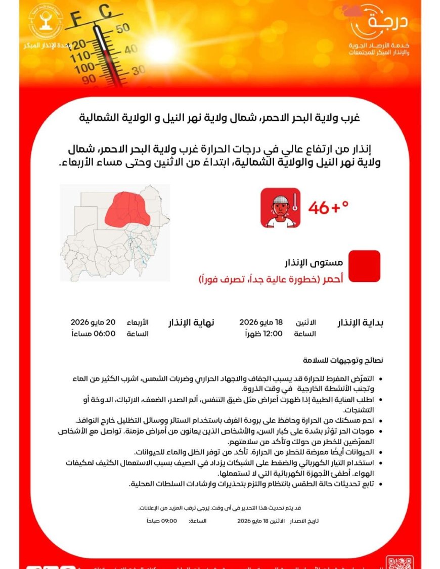 نصحت المواطنين بشرب الكثير من الماء...الأرصاد تصدر إنذارا أحمر بخطورة عالية في عدد من الولايات
