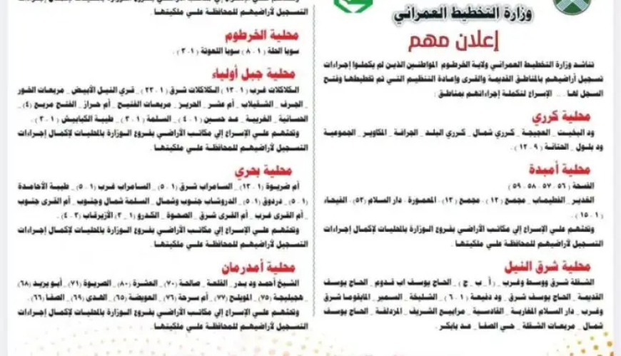 بشأن الأراضي...اعلان عاجل من التخطيط العمراني للمواطنين في الخرطوم  